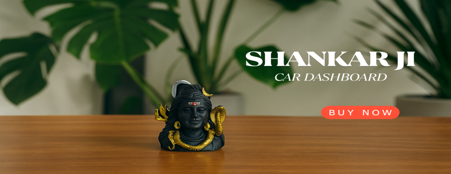 Small statue on a wooden surface with 'Shankar Ji Car Dashboard' branding and a 'Buy Now' button.
