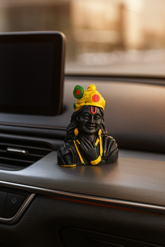 Elegant Lord Krishna Idol for Car Dashboard – Black Finish with Stone Work