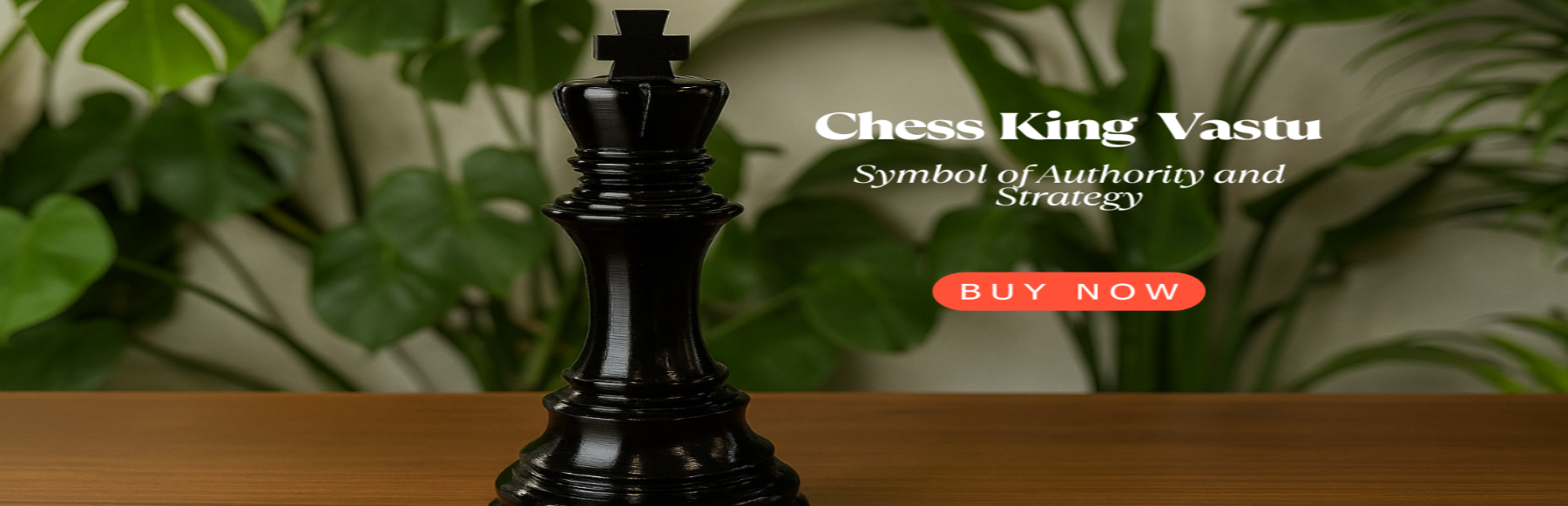 Black chess king on a wooden surface with green plants in the background