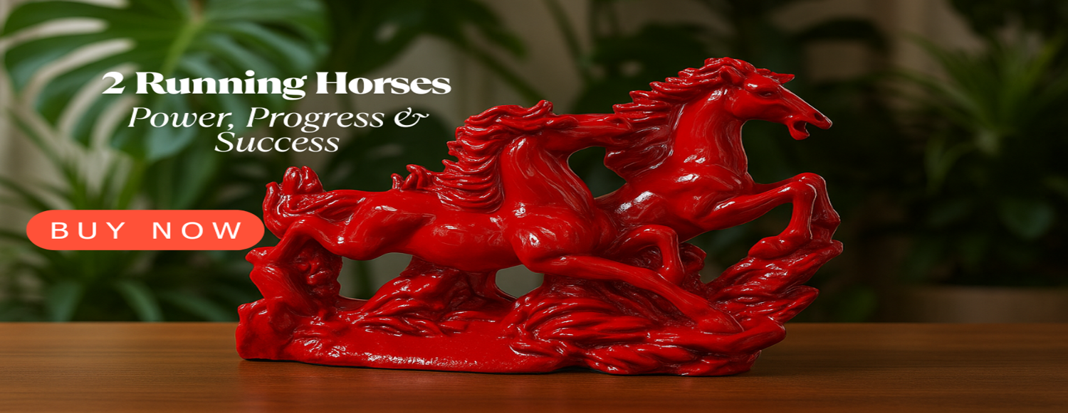 Red sculpture of two running horses with text 'Power, Progress & Success' and 'Buy Now' button on a wooden surface.